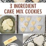 Cake mix cookies ingredients, the dough in a bowl, and cookies on a wire rack.