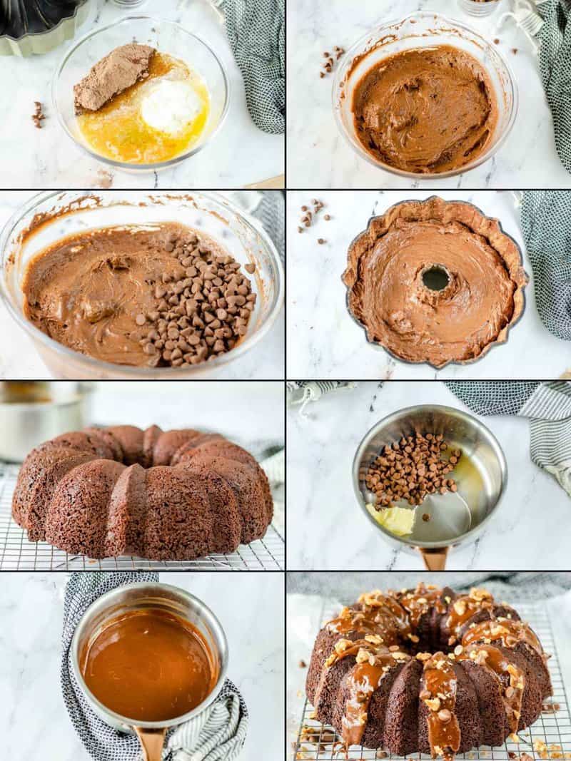 An 8-panel collage showing how to make a chocolate bundt cake: mixing batter, adding chips, baking, and drizzling with glaze.