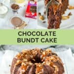 Chocolate bundt cake ingredients, a slice of the cake, and the cake on a wire rack.