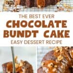 Homemade triple chocolate bundt cake topped with hot fudge sauce and pecans.