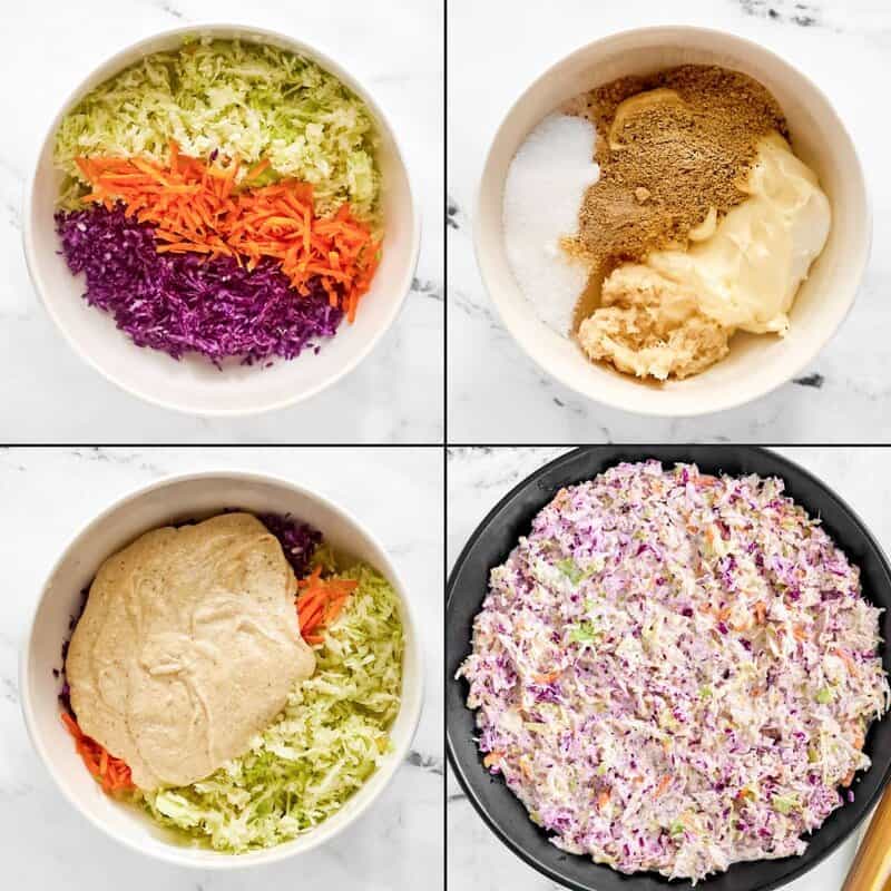 Collage shows steps to make coleslaw: combining veggies, mixing dressing, adding dressing to veggies, and the final tossed salad.