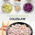 Copycat Famous Dave's coleslaw ingredients and the slaw in a bowl.