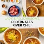 Lady Bird Johnson's Pedernales River chili ingredients and the chili in bowls.