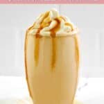A homemade McDonald's caramel frappe with whipped cream and caramel sauce on top.