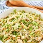 Homemade Ming's Thai chicken salad in a large bowl and wooden salad servings behind it.