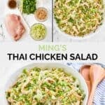 Copycat Ming's Thai chicken salad ingredients and the salad in a serving bowl.