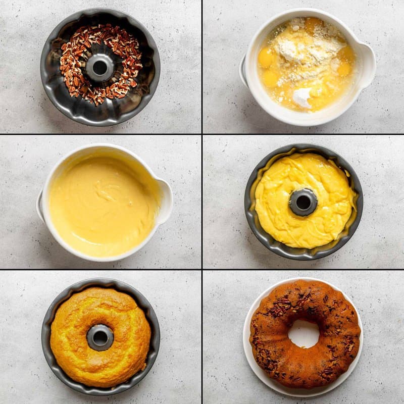 A 6-panel collage showing cake prep: pecans in a bundt pan, batter ingredients in a bowl, mixed batter, batter in pan, and the baked cake.