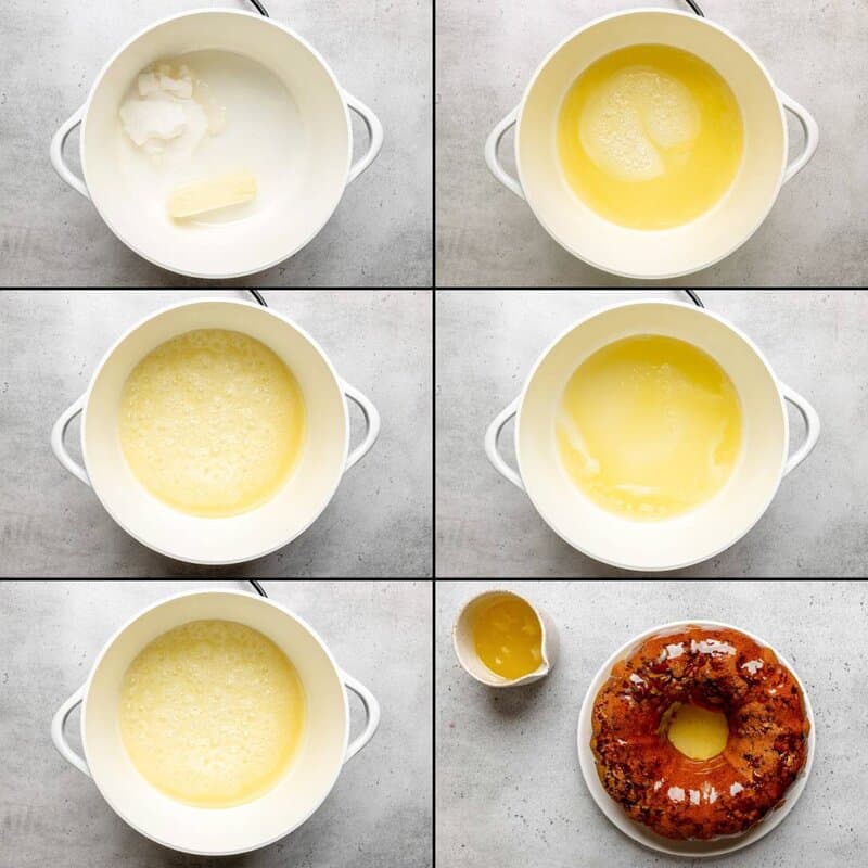 A 6-panel collage showing how to make the rum glaze: melting butter and sugar in a pot, boiling it, and pouring it over the cake.