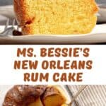 A slice of Ms. Bessie's New Orleans rum cake and the cake on a platter.