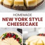 Homemade New York style cheesecake garnished with berries and mint.