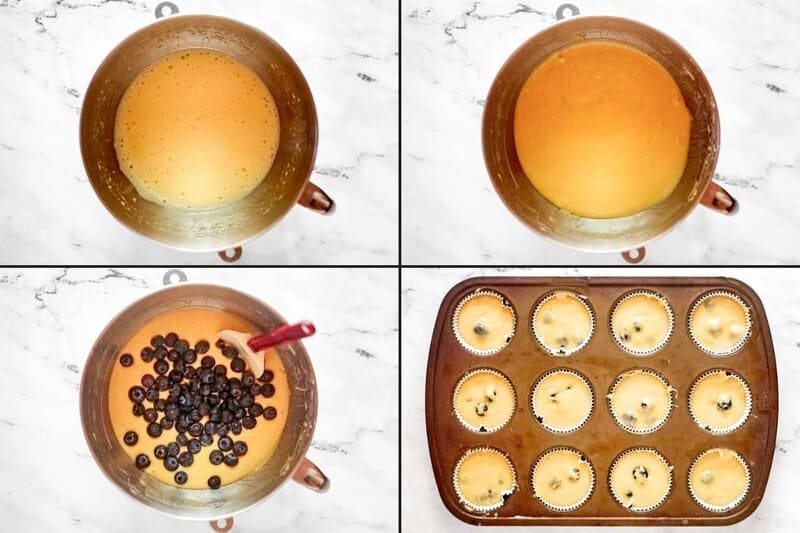 A 4-panel collage showing muffin prep: smooth batter in a bowl, folding in fresh blueberries, and batter in a muffin tin.