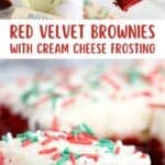 Red velvet brownies with cream cheese frosting ingredients and a brownie.
