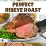 Ribeye roast ingredients and the cooked roast.
