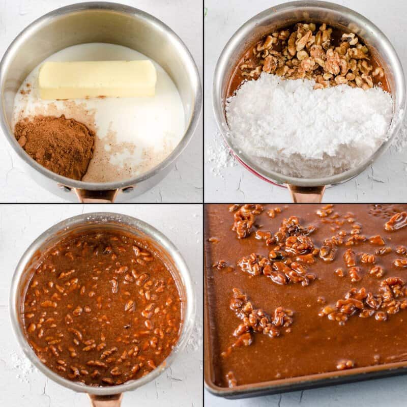 Making chocolate pecan frosting for Texas sheet cake.