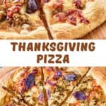 A sliced Thanksgiving pizza on a wood pizza peel.