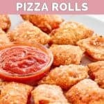 Homemade Totino's pepperoni pizza rolls on a platter with marinara for dipping.
