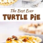 Turtle pie and a slice on a plate.