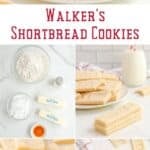Copycat Walker's shortbread cookies on plates and the ingredients on a marble surface.