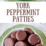 Homemade York peppermint patties in a bowl on top of a plate.