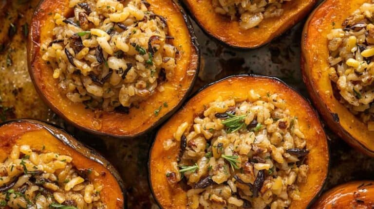 Roasted acorn squash halves stuffed with wild rice and herbs.