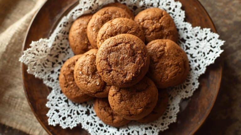 Old-fashioned molasses cookies piled on a wooden plate lined with a lace doily.