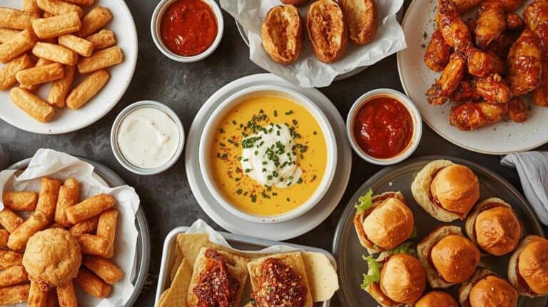 Various copycat appetizers on a table.