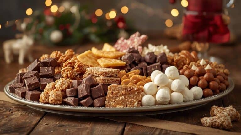 A farmhouse kitchen table filled with fudge, brittle, toffee, and other homemade candies.