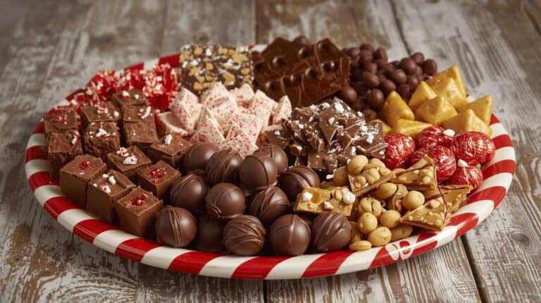A holiday candy display featuring fudge squares, peppermint bark, toffee, and truffles on a red and white platter.