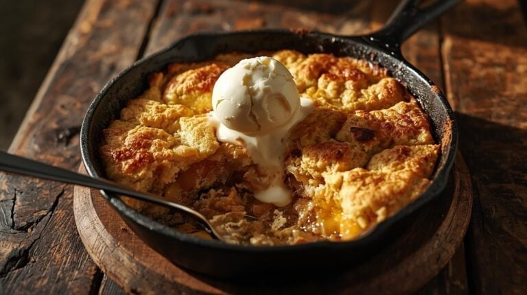 Rustic peach cobbler in cast-iron skillet, bubbling juices, scoop taken out, ice cream melting.