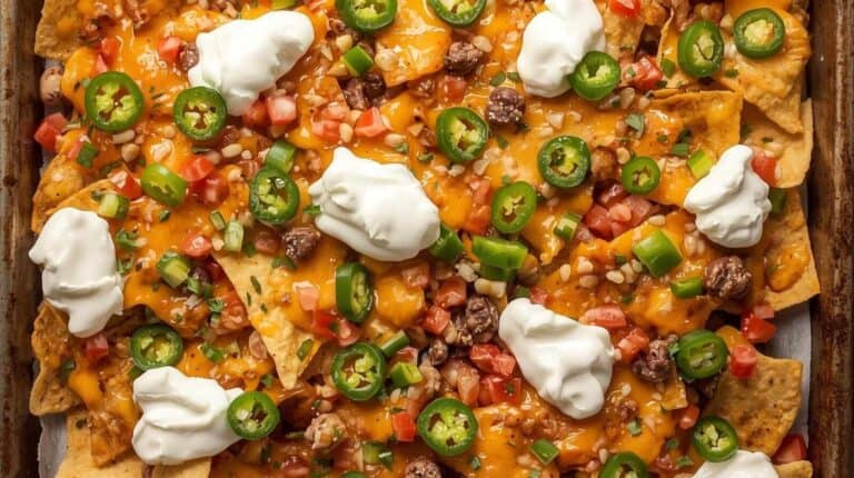 Loaded sheet pan nachos with jalapeños, melted cheese, sour cream dollops.