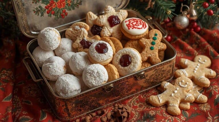 A cookie tin filled with snowballs, thumbprints, spritz cookies, and gingerbread shapes on festive linens.