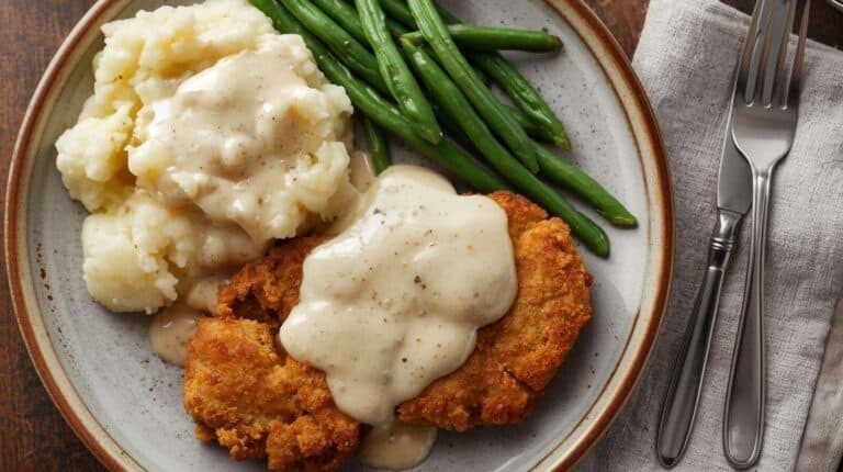 Chicken fried steak with white gravy, mashed potatoes, and green beans on a plate.