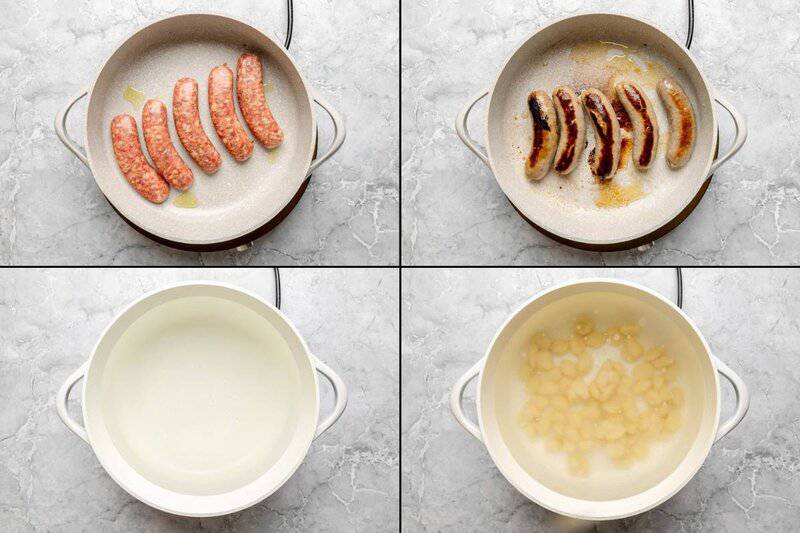 Frying Italian sausage links and cooking gnocchi.