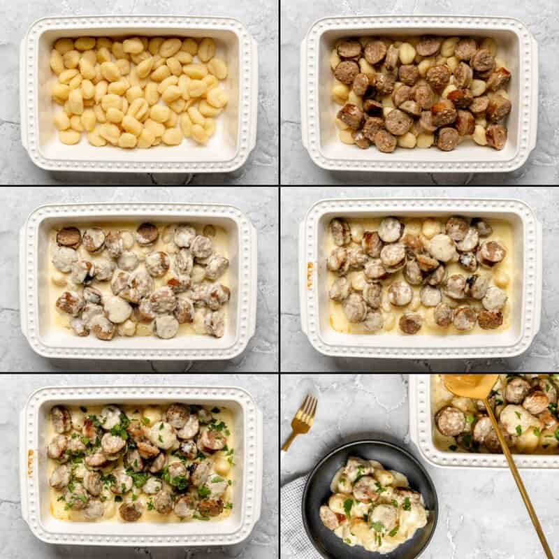 Assembling, cooking, and serving creamy alfredo sausage and gnocchi bake.