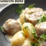 A serving of creamy alfredo sausage and gnocchi bake on a plate.