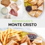 Copycat Bennigan's monte cristo ingredients and the sandwich served with fries and jam.