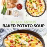 Copycat Black Angus baked potato soup ingredients and the soup in bowls.