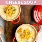 Two bowls of homemade Black-eyed Pea broccoli cheese soup.