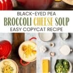 Homemade Black-eyed Pea broccoli cheese soup in bowls and on a spoon, and the ingredients.