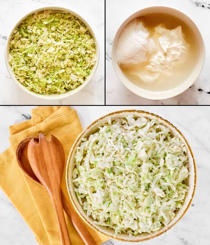 A 3-panel collage showing the steps: a bowl of shredded cabbage, a bowl of dressing ingredients, and the final mixed coleslaw.