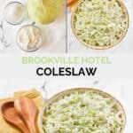 Copycat Brookville Hotel coleslaw ingredients and the slaw in a bowl.