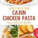 Homemade Chili's cajun chicken pasta on a plate and the ingredients on a marble surface.