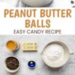 Homemade chocolate peanut butter balls in a bowl, on a tray, and the ingredients.