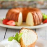 Scandinavian almond bundt cake and a slice on a plate.