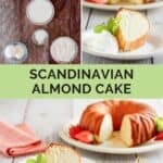 Scandinavian almond cake ingredients, the cake, and a slice on a plate.