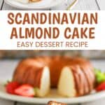 Homemade Scandinavian almond cake on a platter and a slice on a plate.