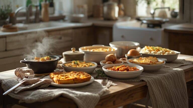 A cozy winter kitchen scene with hearty comfort foods on the table like casseroles, soups, and baked dishes.