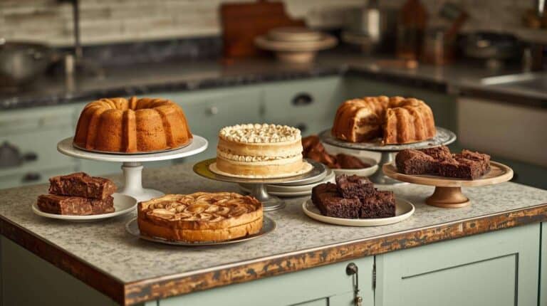 Cakes, pies, and brownies on a retro kitchen island counter.