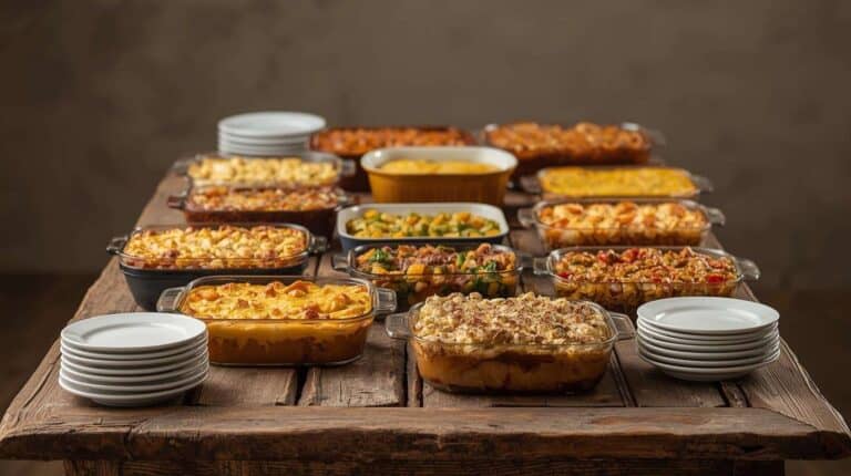 A wood table filled with casseroles and stacks of plates.