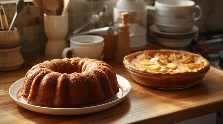 A bundt cake and apple pie on a kitchen counter.